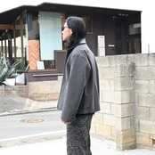 INTERIM / HEAVY MELANGE FELTED VIRGIN WOOL DEADSTOCK LEATHER COLLAR HARRINGTON JACKET