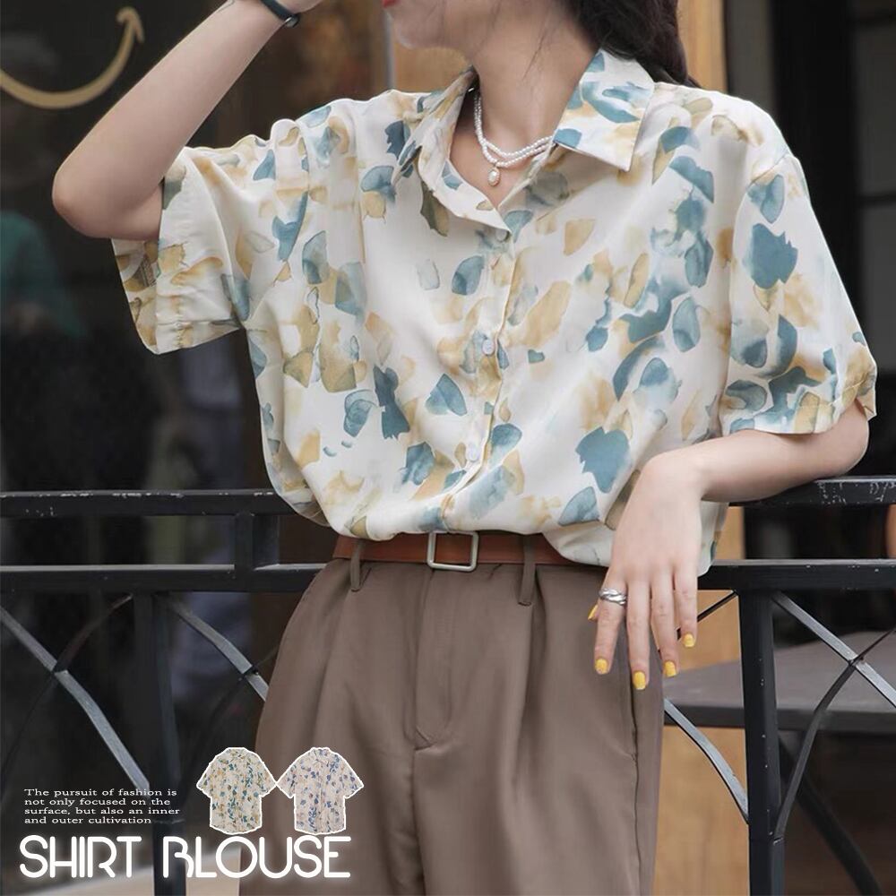 シャツブラウス 半袖 柄シャツ 韓国風