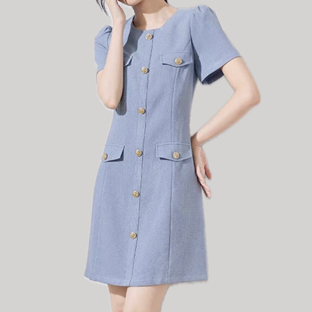 Shoulder shirring design gold button short sleeve mini dress 00177