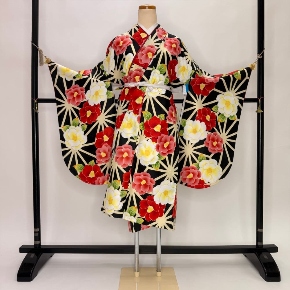 二尺袖 単品 卒業式着物 黒 裄68cm Lサイズ 袴用着物 化繊 中古 5801
