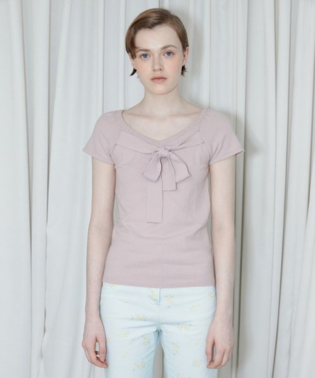 [SINOON] RIBBON TIE SLIM KNIT TOP (MUTE PINK)