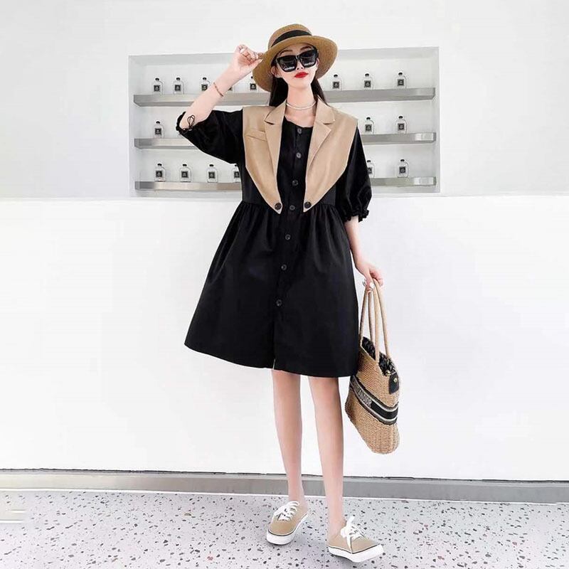 サマーウェストボタンドレス スカート 大きめサイズ 夏物 ミックスインファッション46226198099