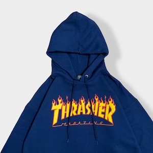 【THRASHER】フレイムロゴ プリント パーカー プルオーバー スウェット フーディー hoodie M ネイビー スラッシャースケートボード スケーター ボード us古着