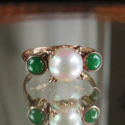 ヴィンテージ あこや本真珠と翡翠のクラシカルリング