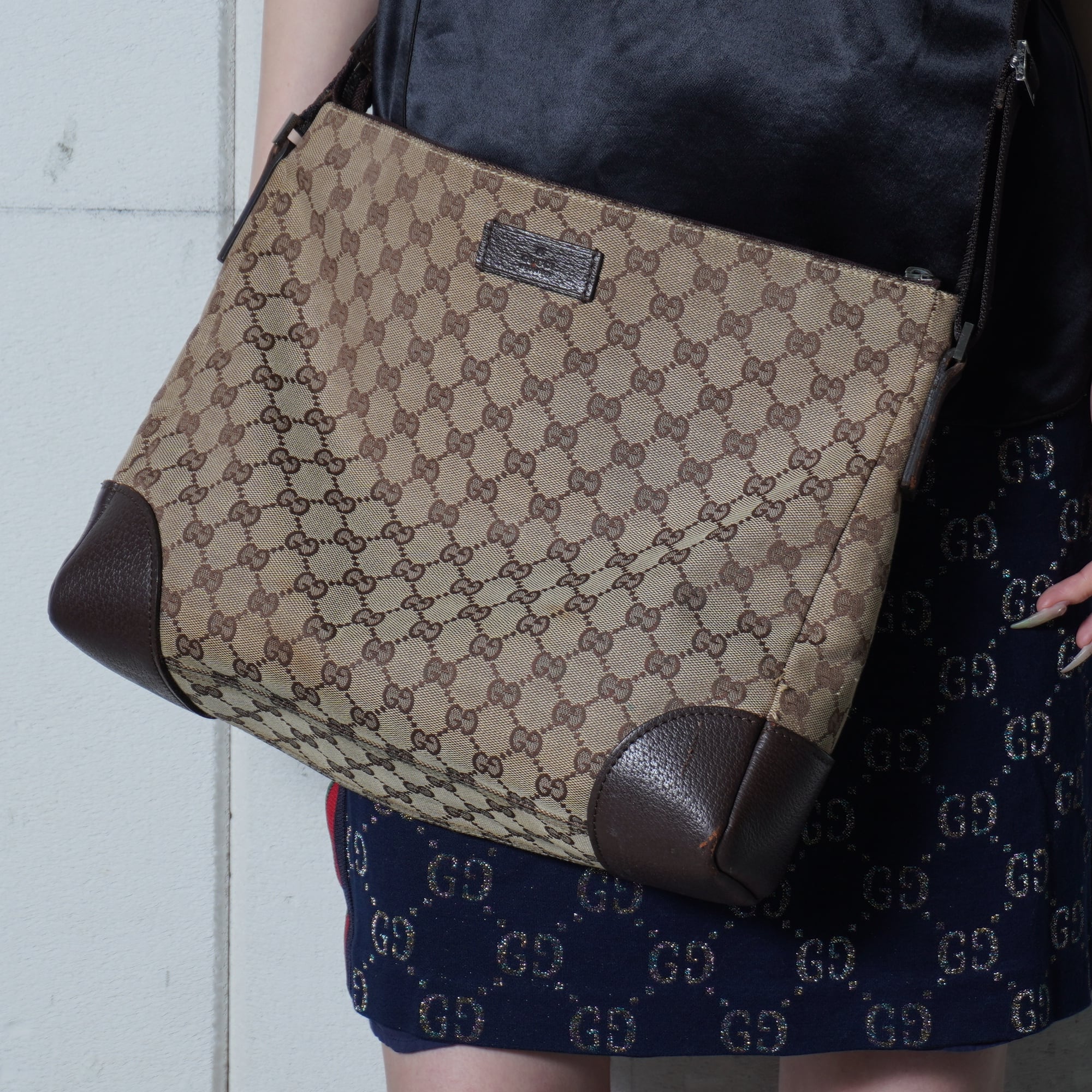 GUCCI グッチ ワンショルダーバッグGG柄 キャンバス×レザー 黒 