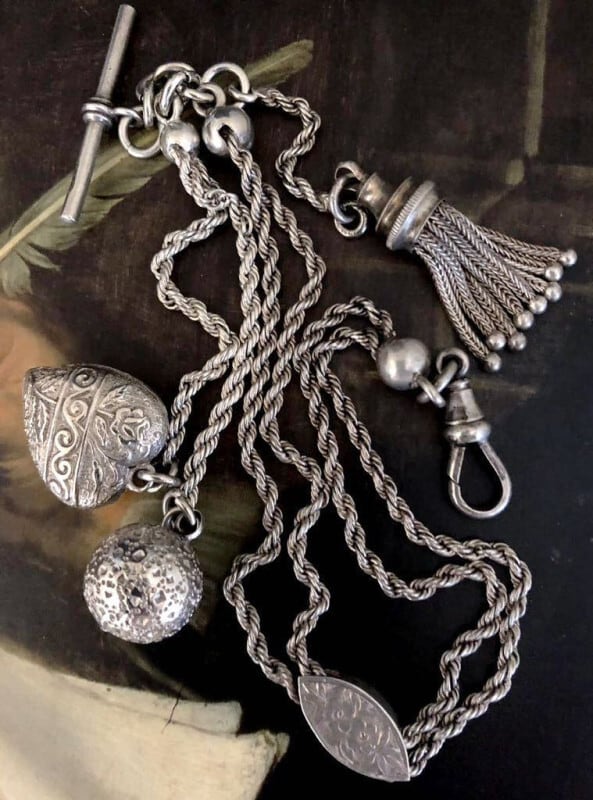 1880年 英国 アルバティーナチェーン タッセル 懐中時計鎖 銀アンティーク