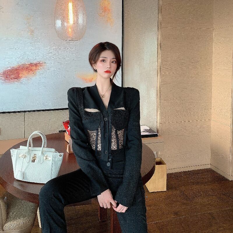 レースステッチスーツジャケット女性2020年秋新デザインセンスニッチスーツブラックショート気質トップ ブラックストロベリース48991920884