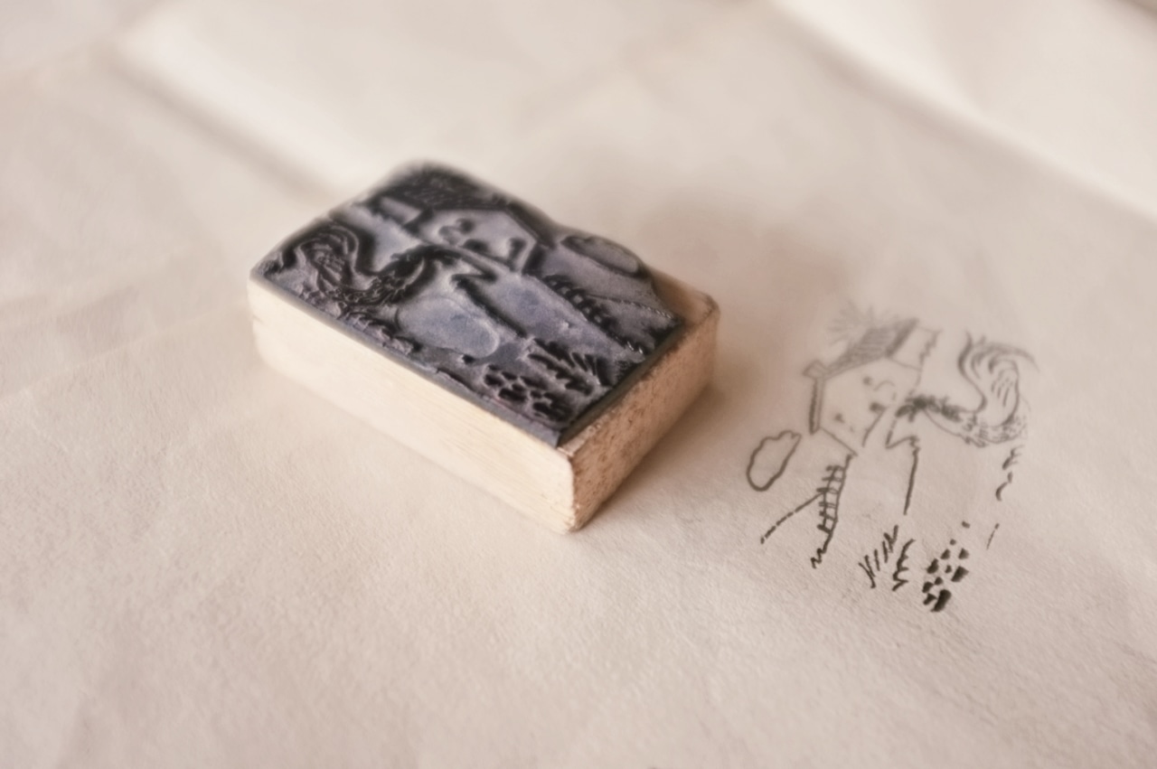 フランス 5c ニワトリさんと朝の風景画とメランコリーな木製スタンプ ヴィンテージ