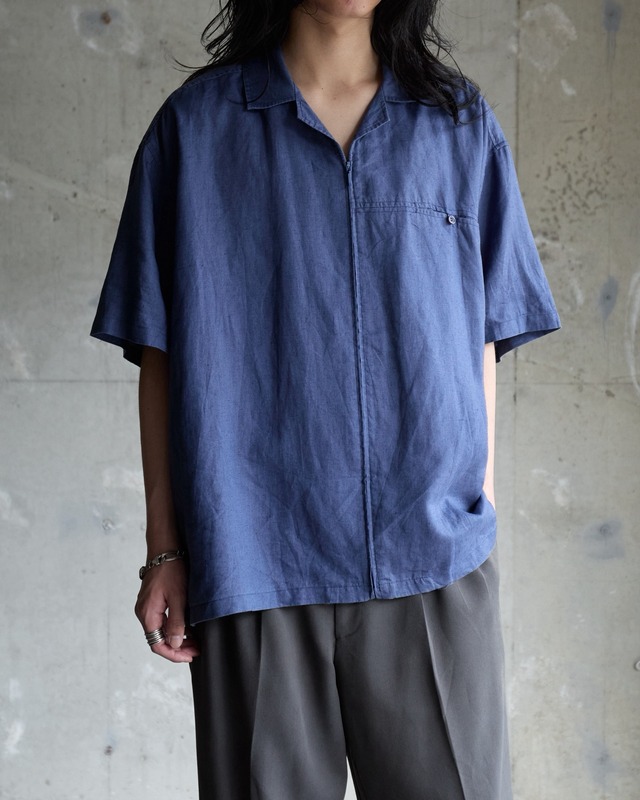 zip up open collar short sleeve shirt / 100% ramie / wide box silhouette / From EUROPE