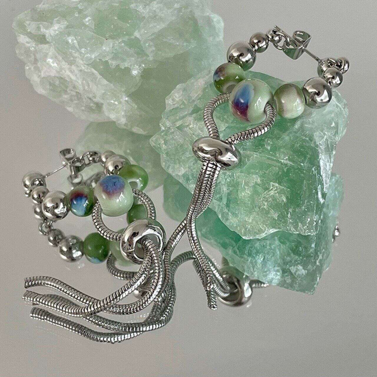 13CRUSH中華スタイル玉石タッセルピアス