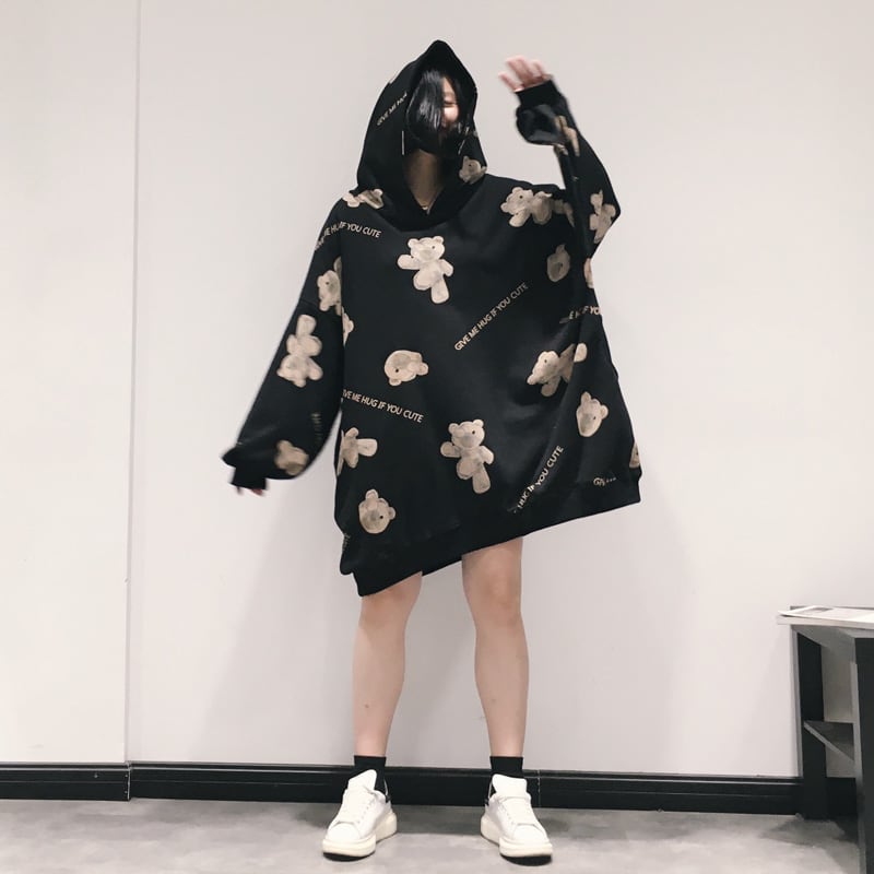 With U ゴスロリ系 パーカー プルオーバー くまちゃん 病み熊 オーバーサイズ 病みかわいい ストリート系 オルチャン 原宿系 10代 20代 10代 20代 ゴスロリ服 病み服 ゴスロリファッション With U 病みくま パーカー 黒 M リボン くま 病みくまパーカー ビッグシルエット