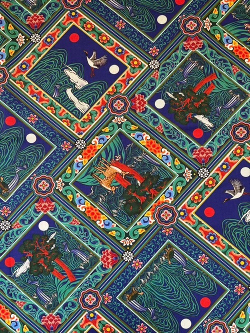 輸入コットンファブリック 韓国伝統柄 亀 鶴 鹿 KOREA 韓国製 カルトナージュ 総柄 マルチカラー