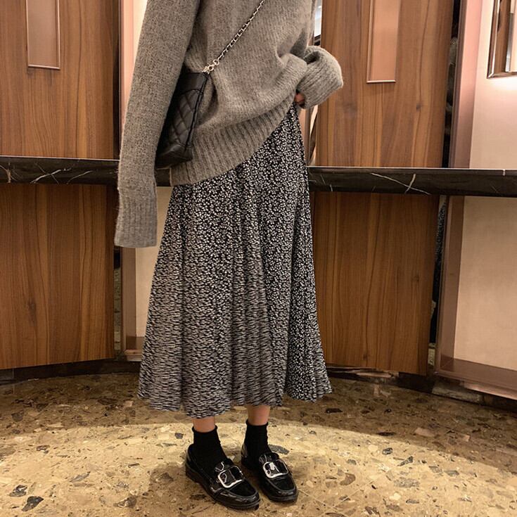 スプリング薄手ルーズフローラルスカート スタンダードハイウェストAラインカジュアル レトロ 春物 花柄 モンロー9014092