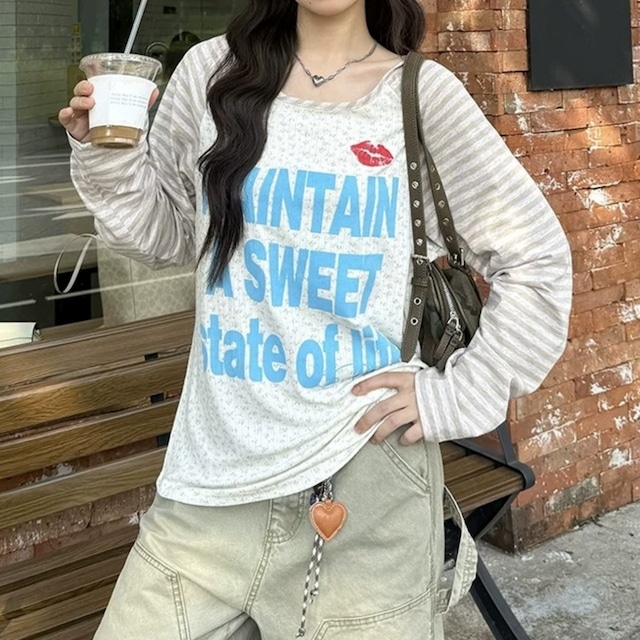 ボーダーラグランリッププリントロングスリーブTシャツ 2col R02471