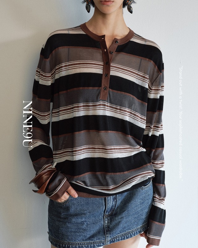 border henley neck tops 4color【NINE0204】