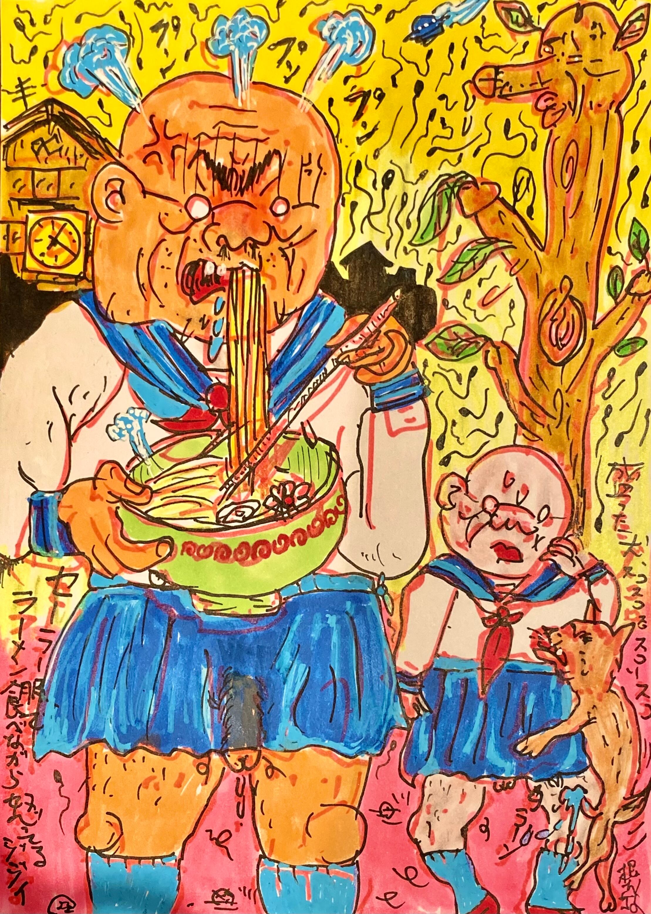 原画・着色ドローイング『セーラー服着てラーメン食べながら何やら怒っ