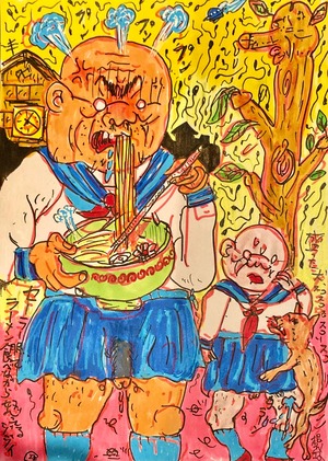 原画・着色ドローイング『セーラー服着てラーメン食べながら何やら怒っている佐吉』B6