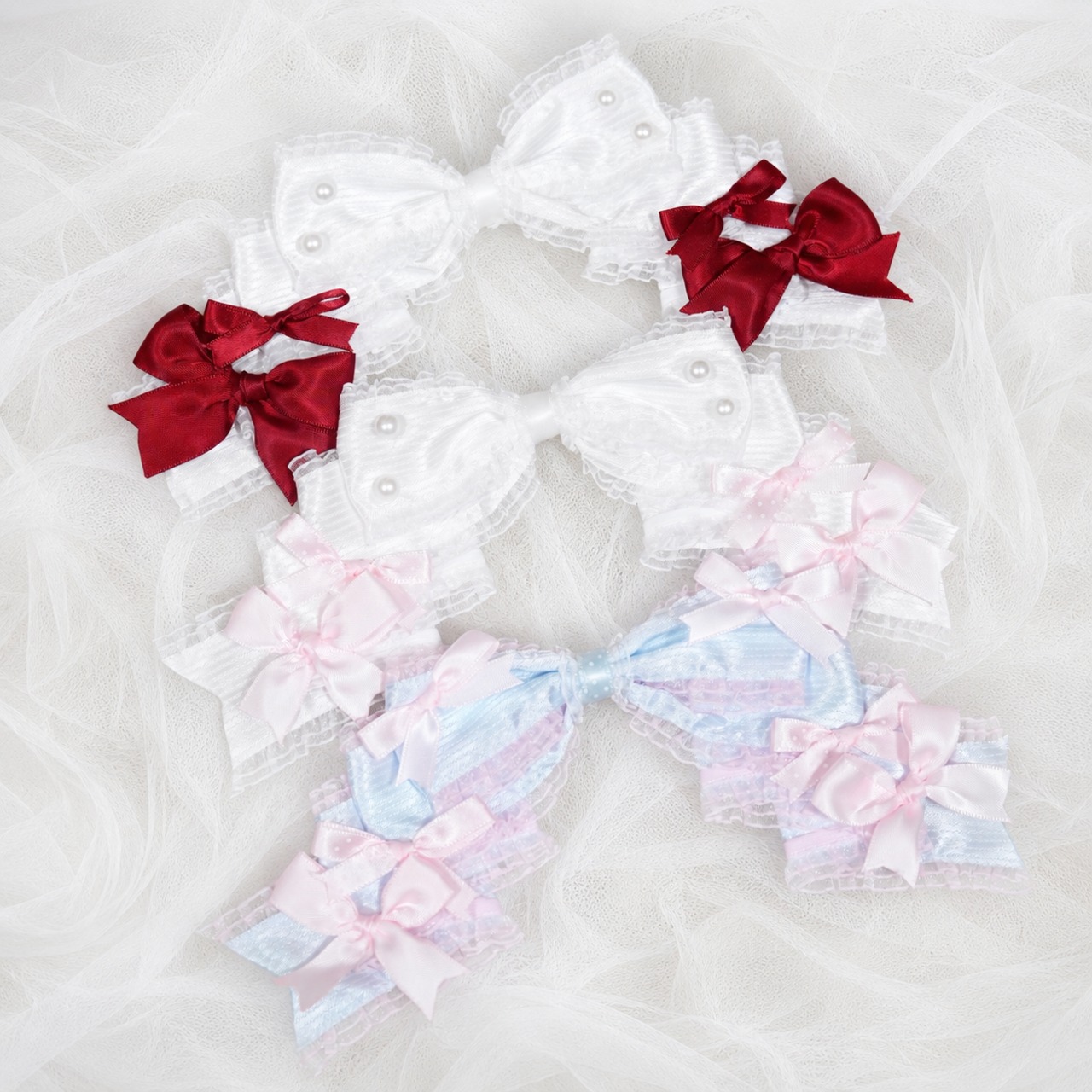♡【全10色】ドーリープリンセス パール＆ドットサテンリボン 2wayヘアクリップカチューシャ light blue×pink ♡