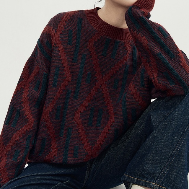 ジオメトリックジャガードボリュームニットプルオーバー　A01962