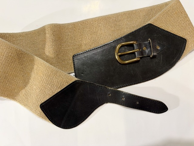 Vintage Beige × Black Leather Elastic Belt