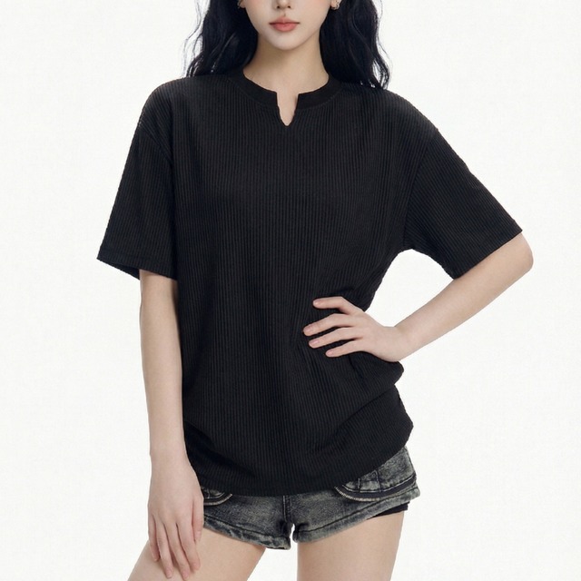 ribbed slit neck short sleeve tee　リブラインスリットネック半袖ティー　J1840