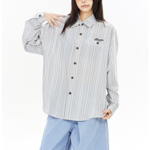 レトロマルチストライプワンポイントシャツ 2col   R02612
