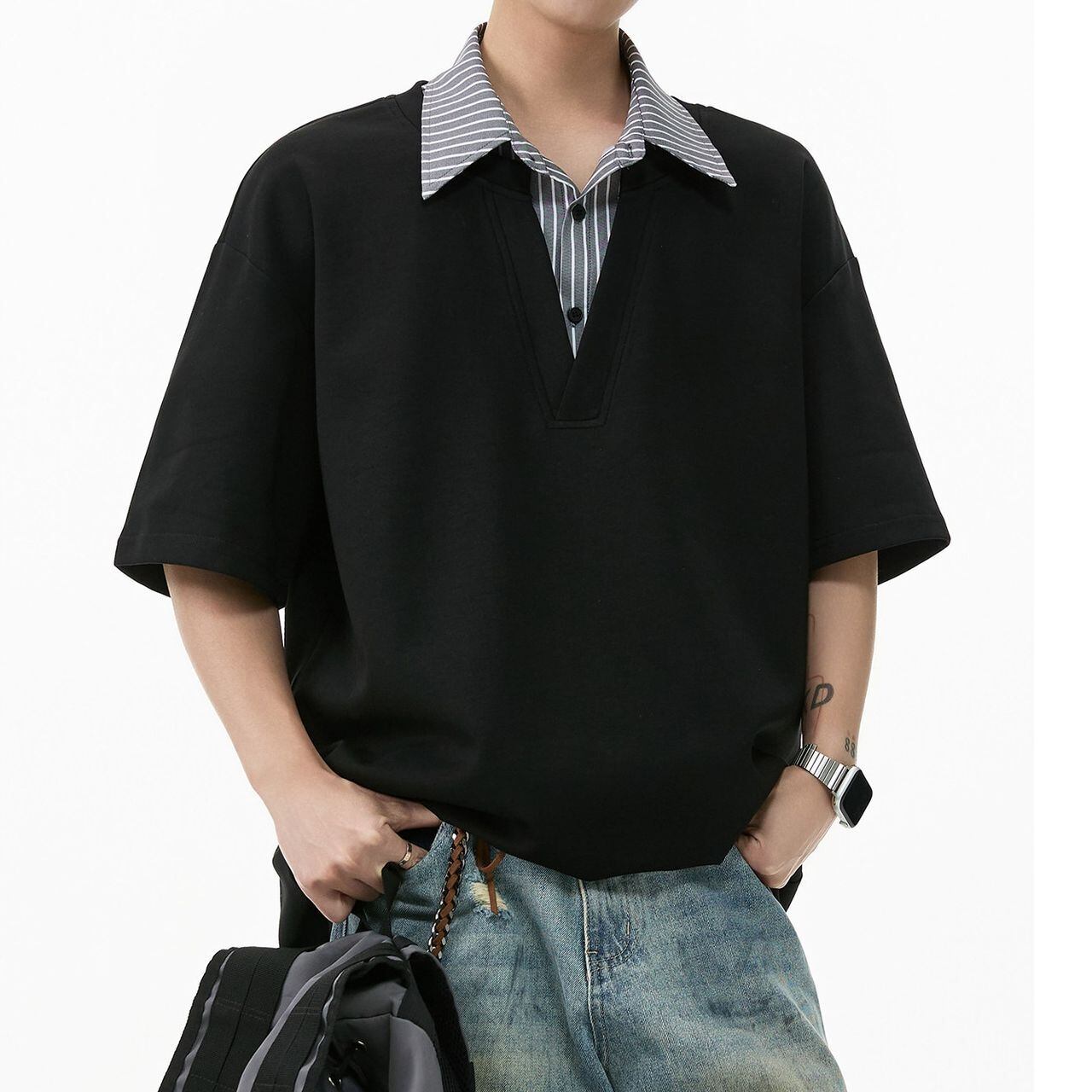 Short-sleeve T-shirt with a faux two-piece collar(MT1621)