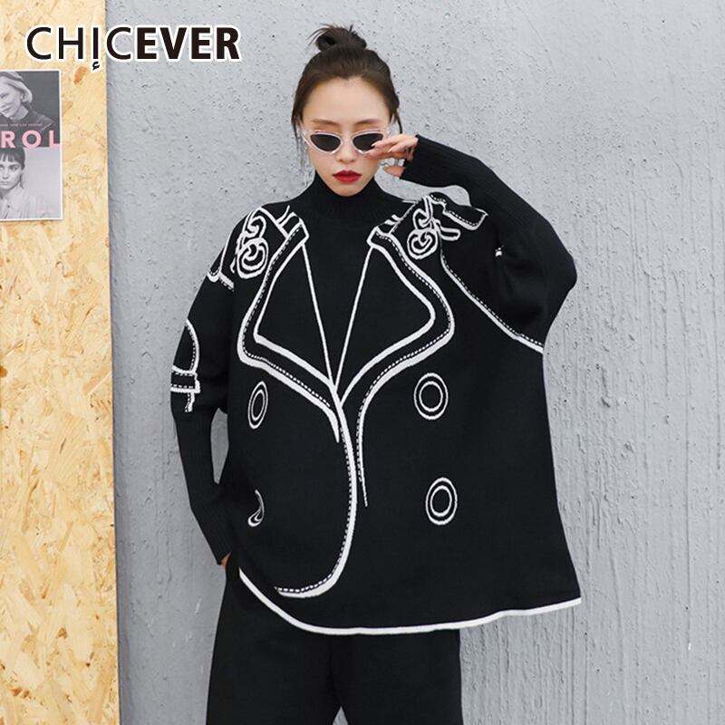 CHICEVERセーター女性タートルネックヒットカラー長袖プリントゆったりとした特大服2020スタイル ロング 6base595067943008