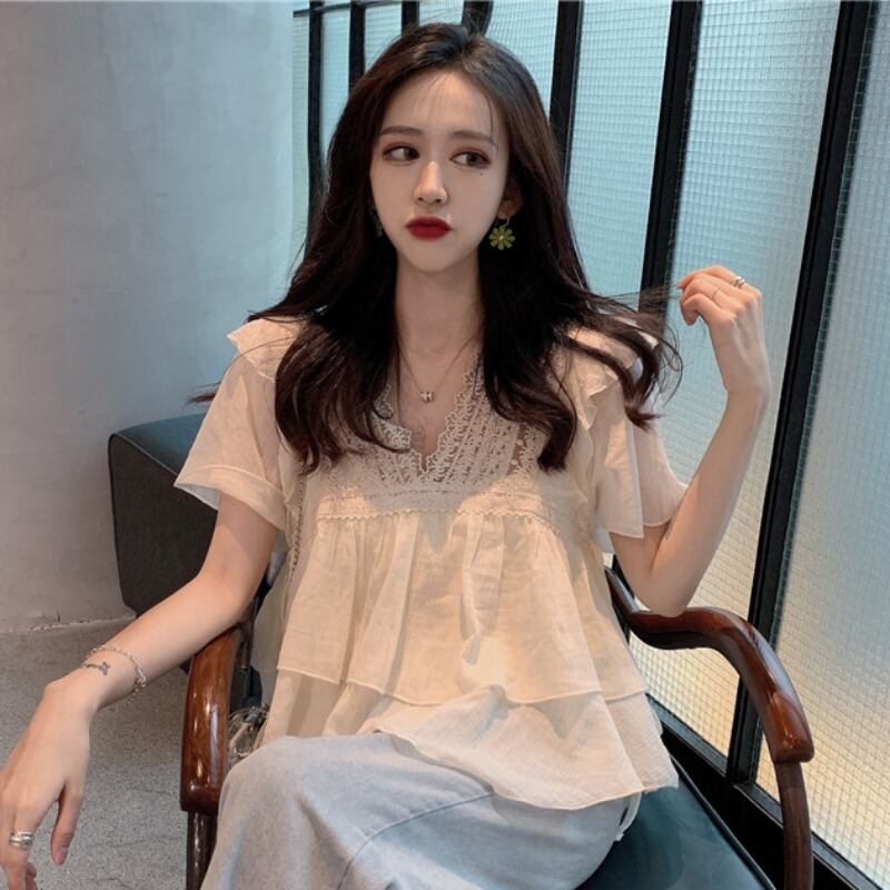 女性の2020年夏の新しいフリルVネックレースフェアリーブラウスルーズスイート半袖ウエスタンシフォンシャツ 1号婦人81522314139