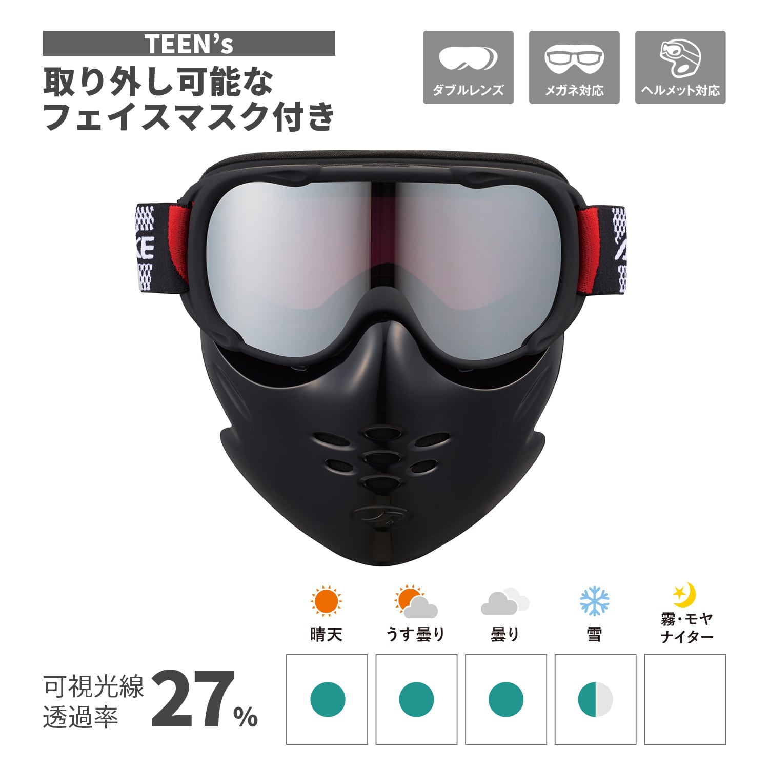 推奨年齢10才～] フェイスマスク付 スノーゴーグル メガネ対応 UV