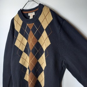 DOCKERS　クルーネック　コットンニット　セーター　アーガイル　中厚手　ミドルゲージ　ダークネイビー　L/G