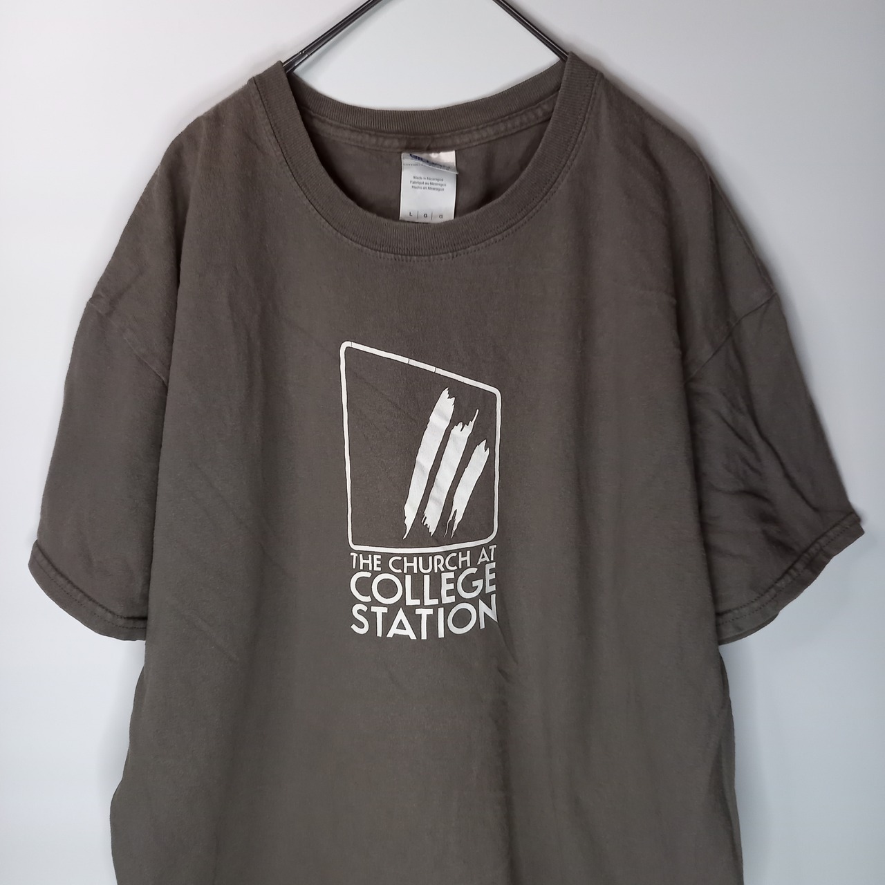 ギルダン　クルーネック　プリントTシャツ　企業ロゴ　カーキ　L