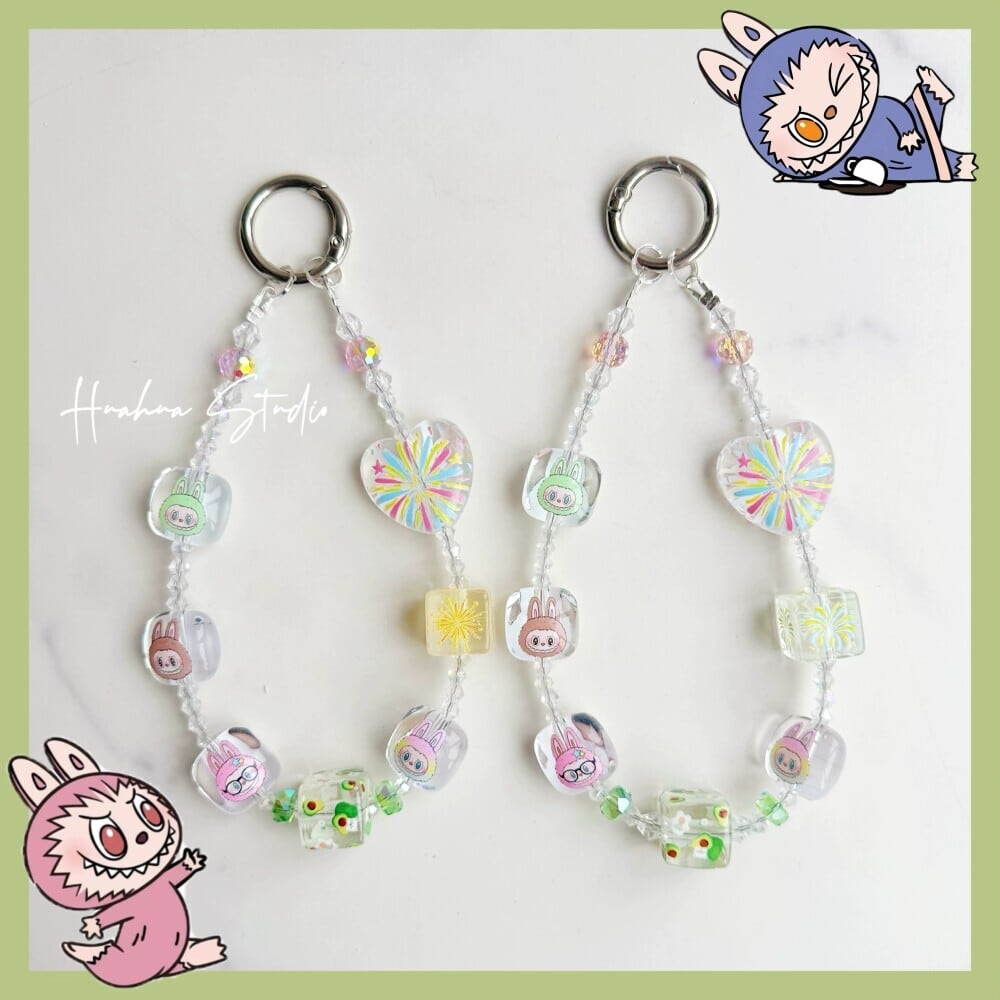 お得!花火が弾ける透明感♡ 水晶のように透き通るラブブのキーホルダー Labubu 水晶 透け感 花火 キーホルダー スマホストラップ バッグチェーン 透明 可愛い