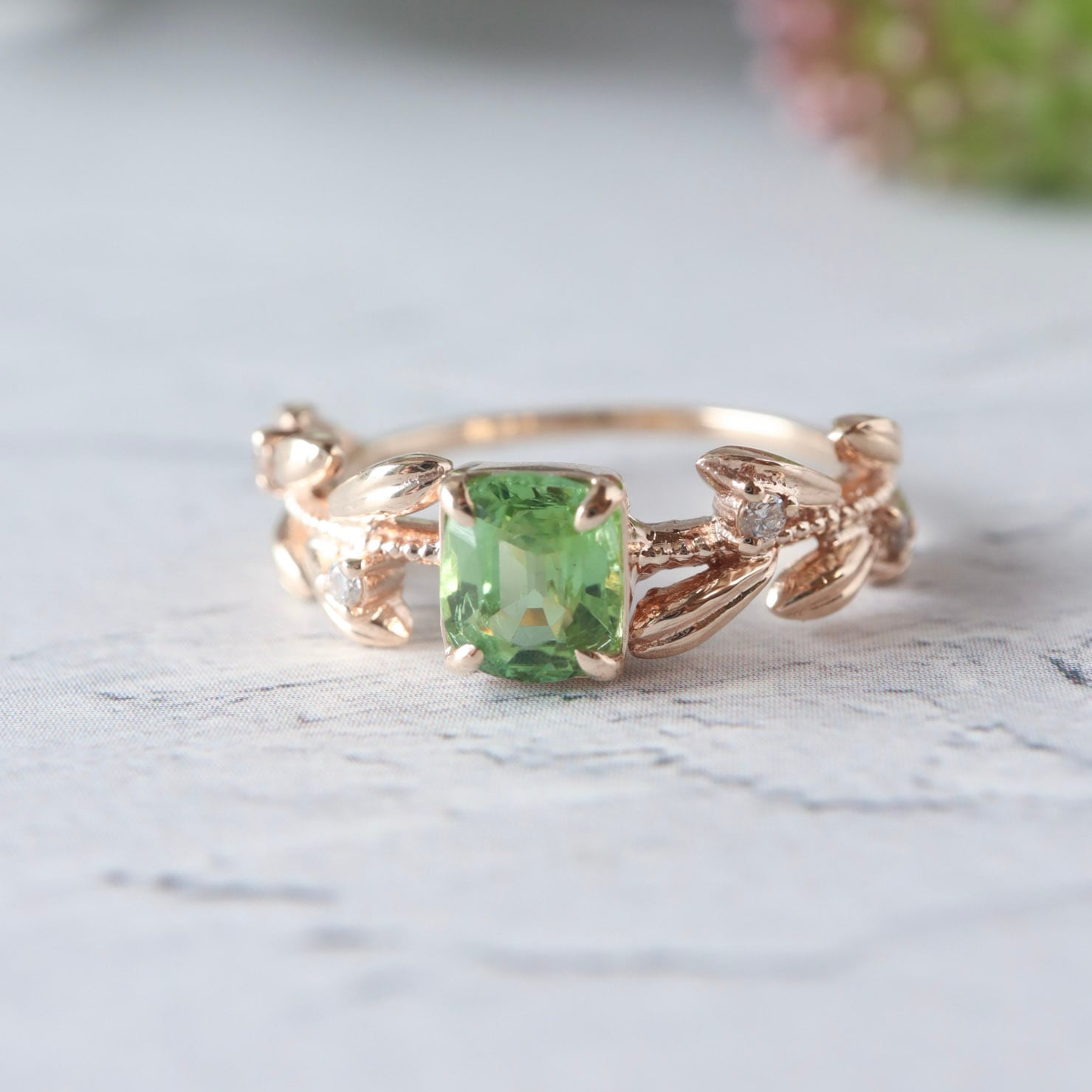 若草色 ミントトルマリン&Dia リーフリング / K10 | DoubleMoon jewelry