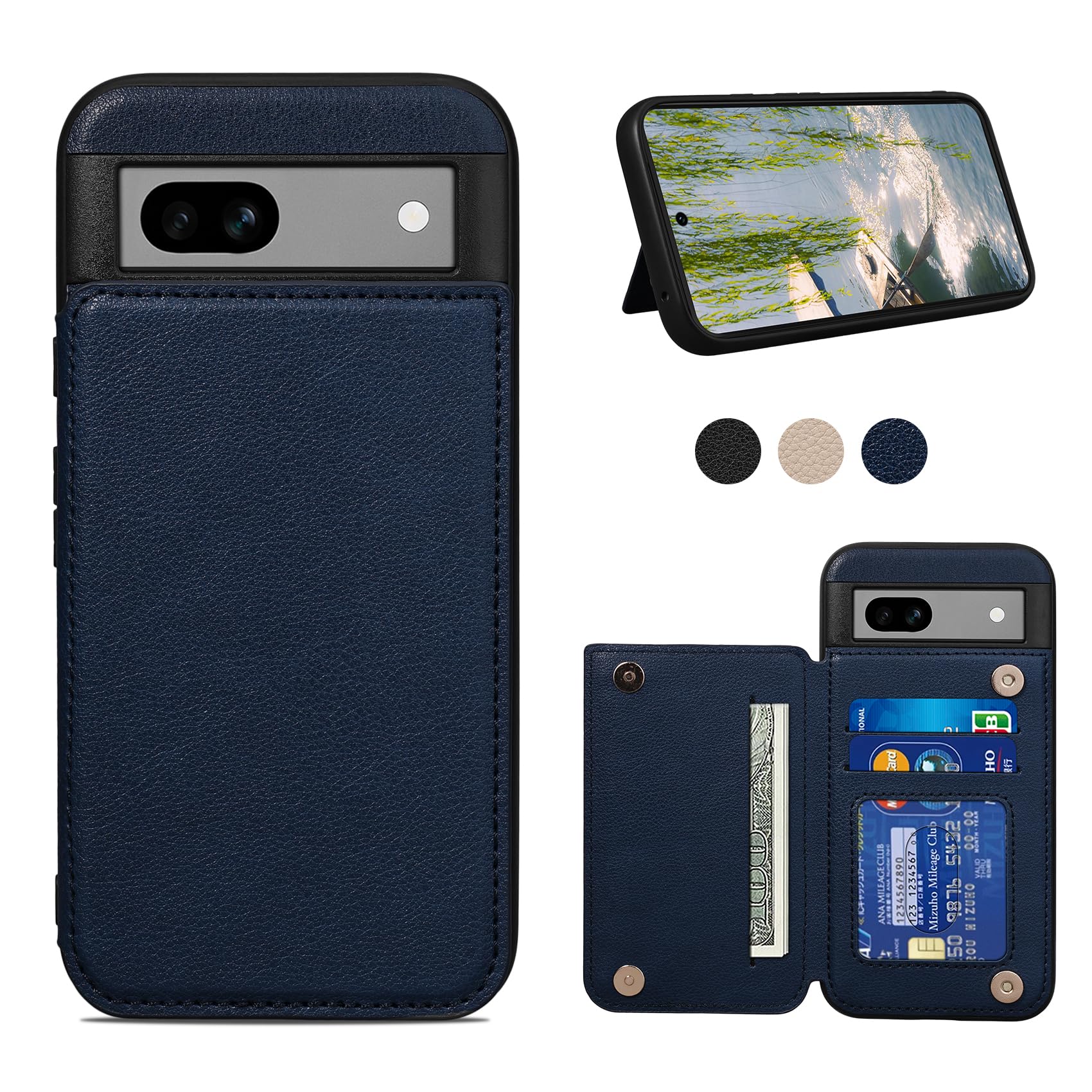 Shlybaay Pixel 8a 用 背面 手帳型ケース カード収納 スマホケース ブルー