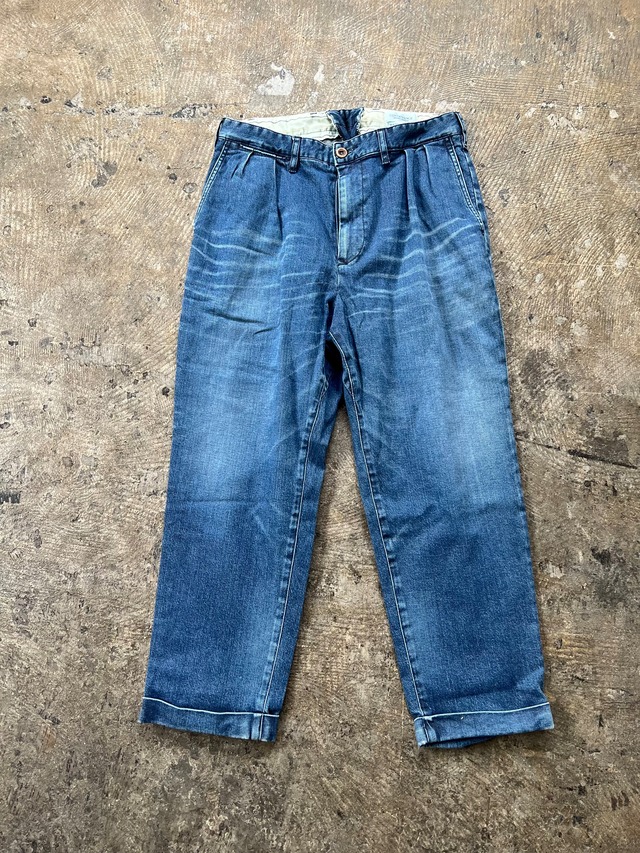 新作 Mens [Mサイズ] 新加工SMOKE BLUE   [CM010] 40s Engineer Denim trouser -Wide  2タックデニムトラウザーズ (クロキデニム）一点モノ,