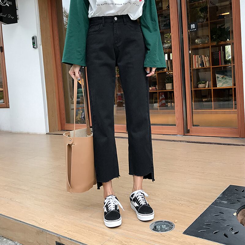 ブラックパンツ スプリングオータムルーズハイウェストジーンズ 春物 秋物 試着室14287699466