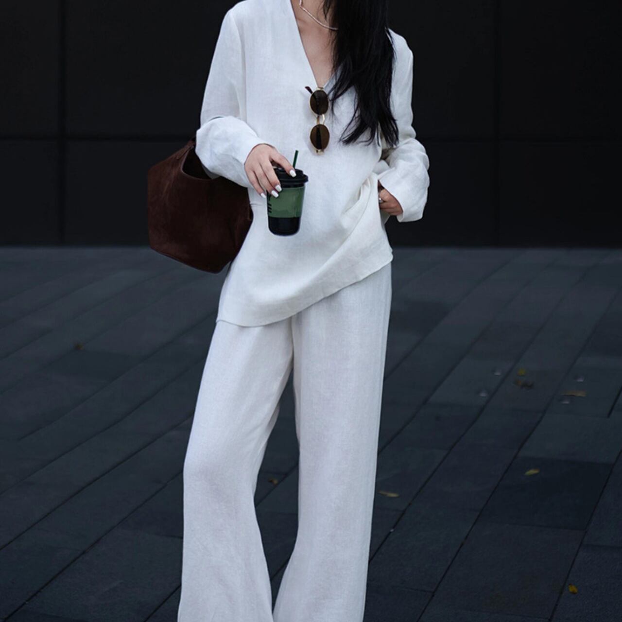 Vネックリネン風リラックスセットアップ m0120