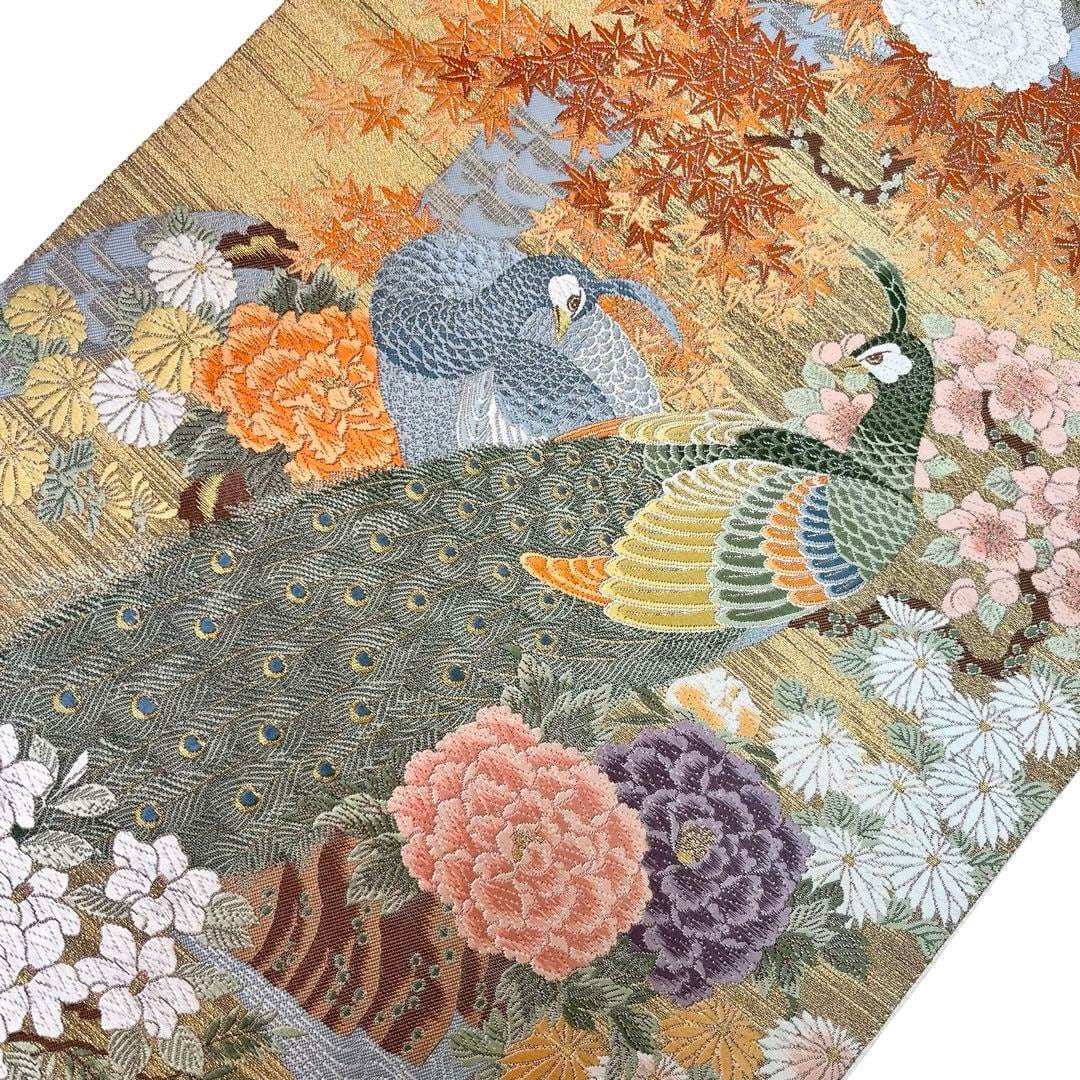 袋帯 山楽を偲 孔雀に四季の花模様 菊 牡丹 梅 紅葉 金糸 O-4137 袋帯 山楽を偲 孔雀に四季の花模様 菊 牡丹 梅 紅葉 金糸 O-