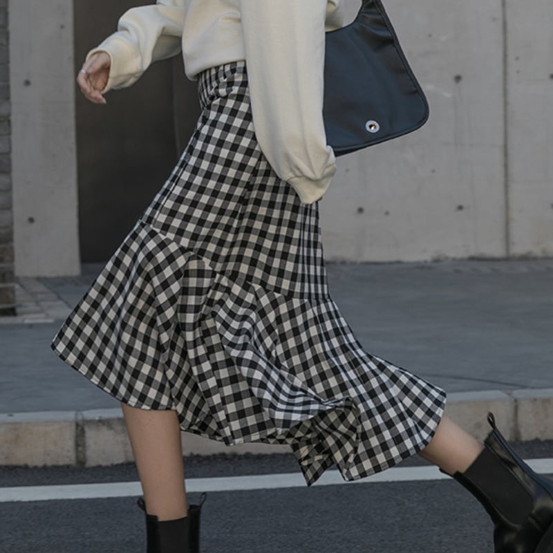 high waist A-line gingham check skirt