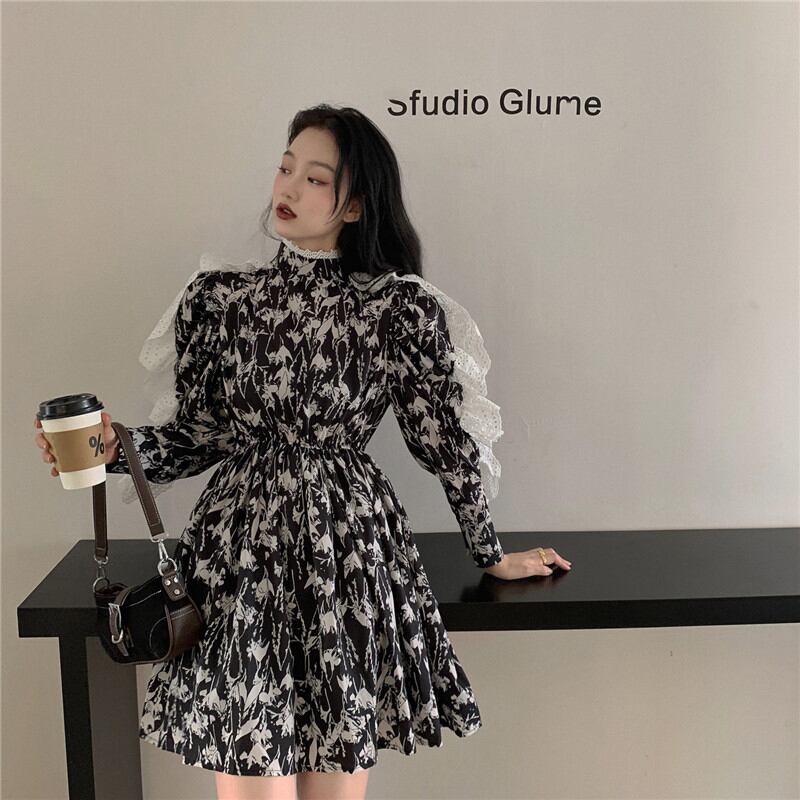 レトロレースステッチ長袖フローラルドレス女性2020年秋新しいショートスカート黒気質ウエストスカート ブラックストロベリース75587790788