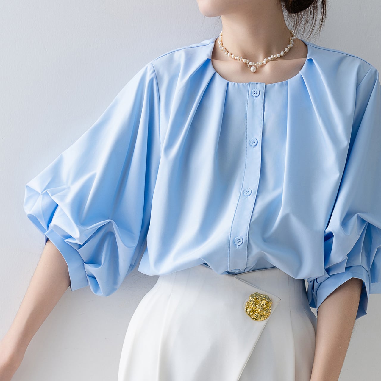 ボリューム ギャザー パフスリーブトップス-ブルー