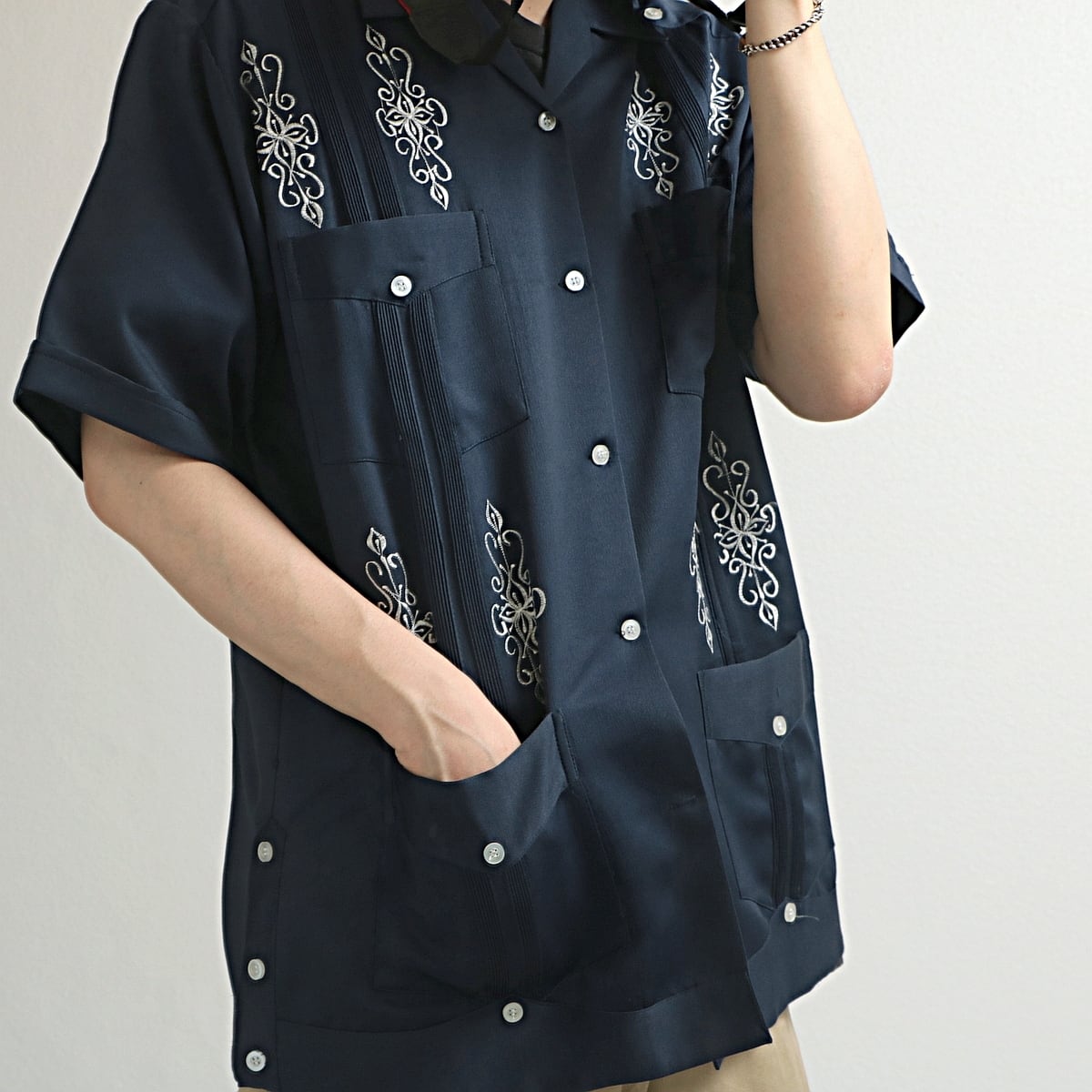 90s IZAMAL 半袖 キューバシャツ 古着 used ネイビー