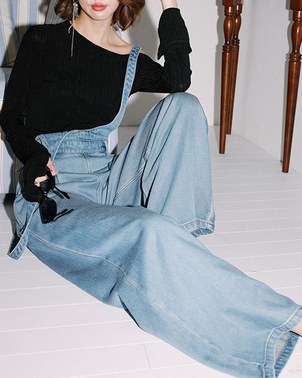 Front tuck wide denim overalls TH3455 | Leithy