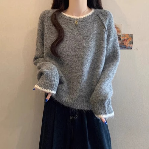 2色／配色ラグランスリーブニットトップス ・73565