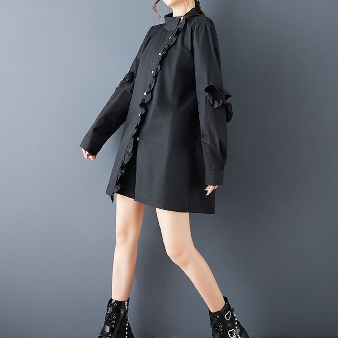 アシンメトリー フリル ロングシャツ 00173