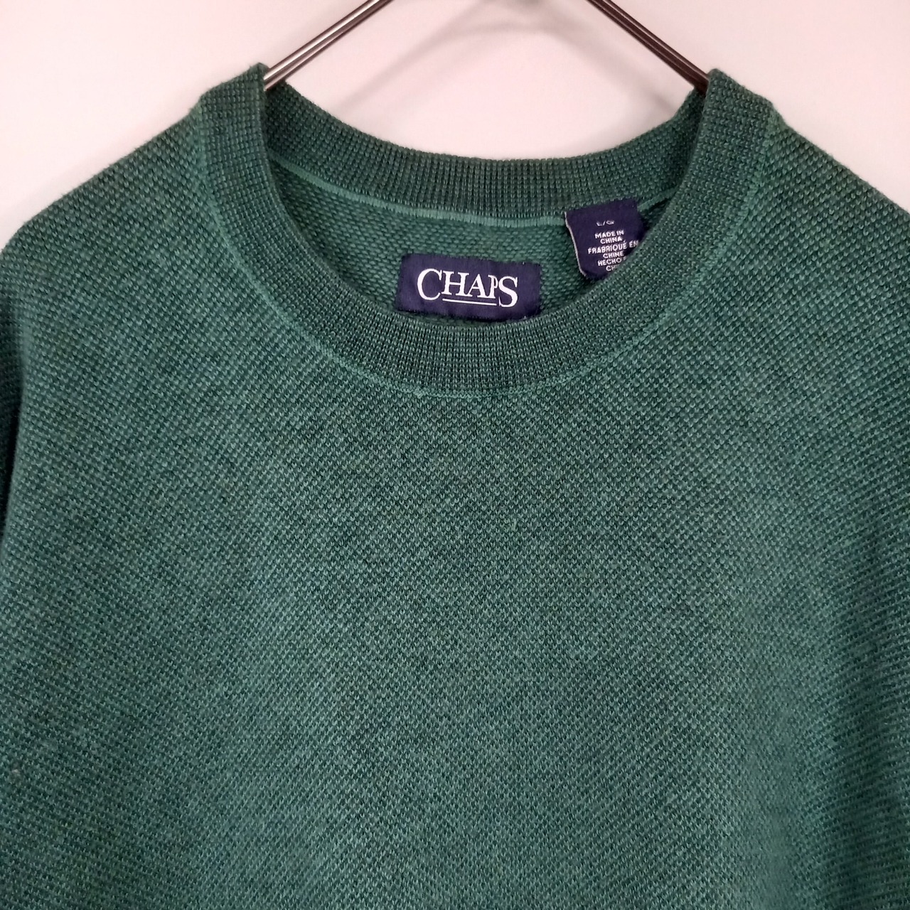 チャップス　クルーネック　コットンニット　セーター　無地　薄手　ハイゲージ　グリーン　L/G