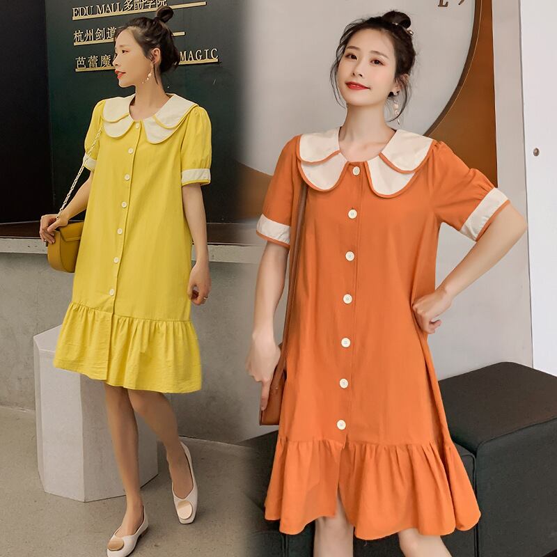 【新作】【送料無料】 マタニティドレス2020夏の新しい綿とリネンのステッチ人形の襟のドレス小さな新鮮なミドル丈のマタニティドレス-アリババ コットン サマー 夏物 expec224238439771
