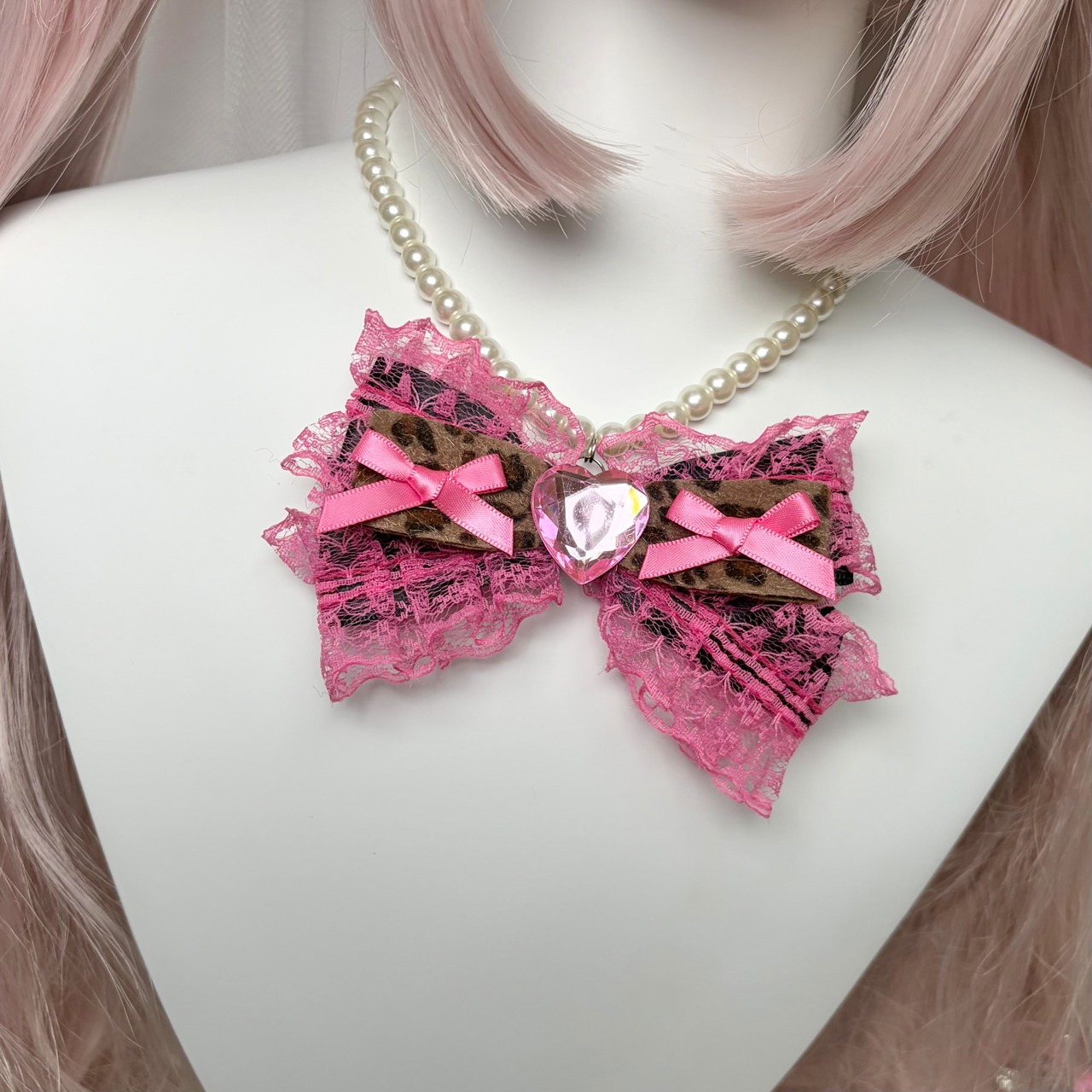 ♡ 姫GAL ヒョウ柄リボン ピンクフリルパールネックレス pink×brown豹柄 ♡