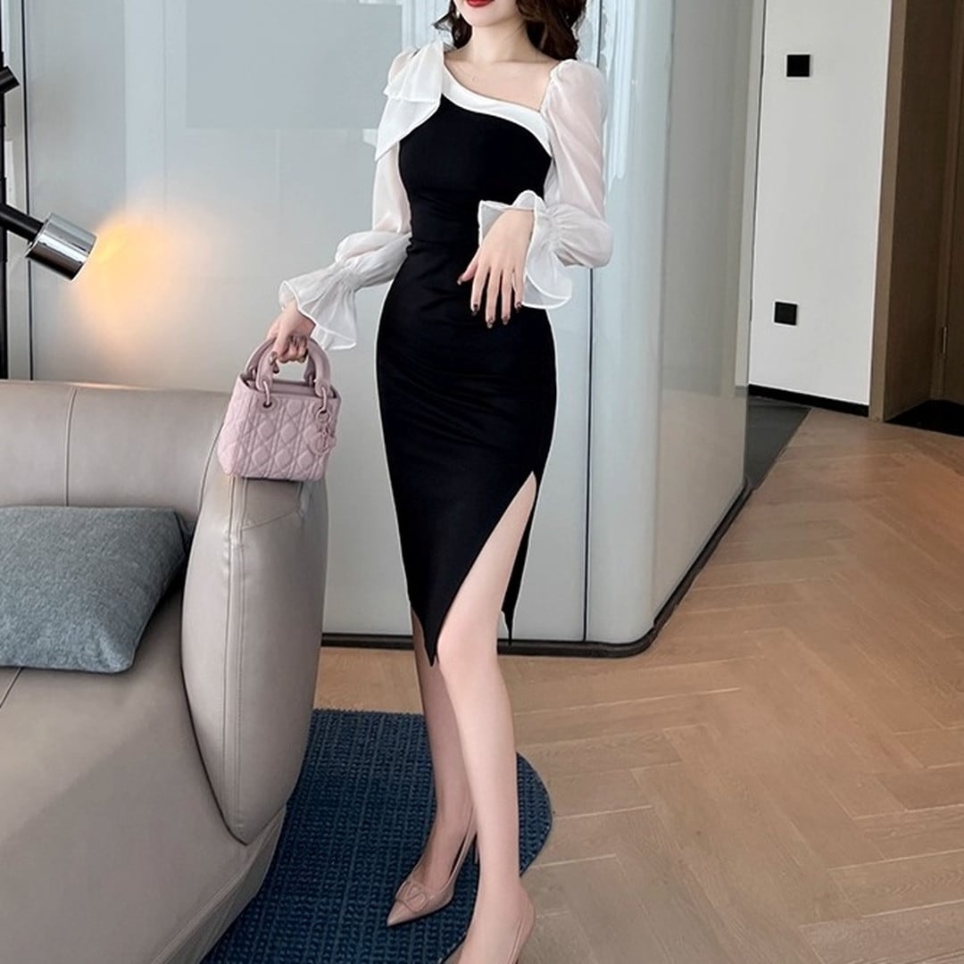 Asymmetric Long Sleeve Dress V3077